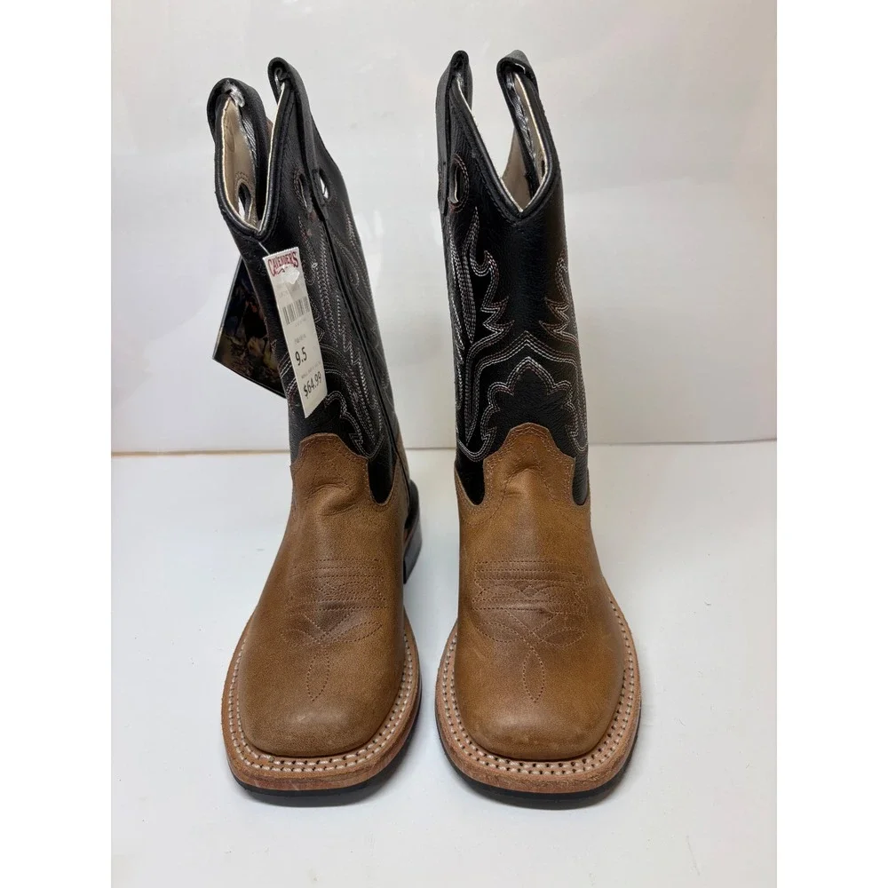 Old West Kids Brown Black Leather Square Toe Cowboy Boots BSC1814 Size 9.5 D